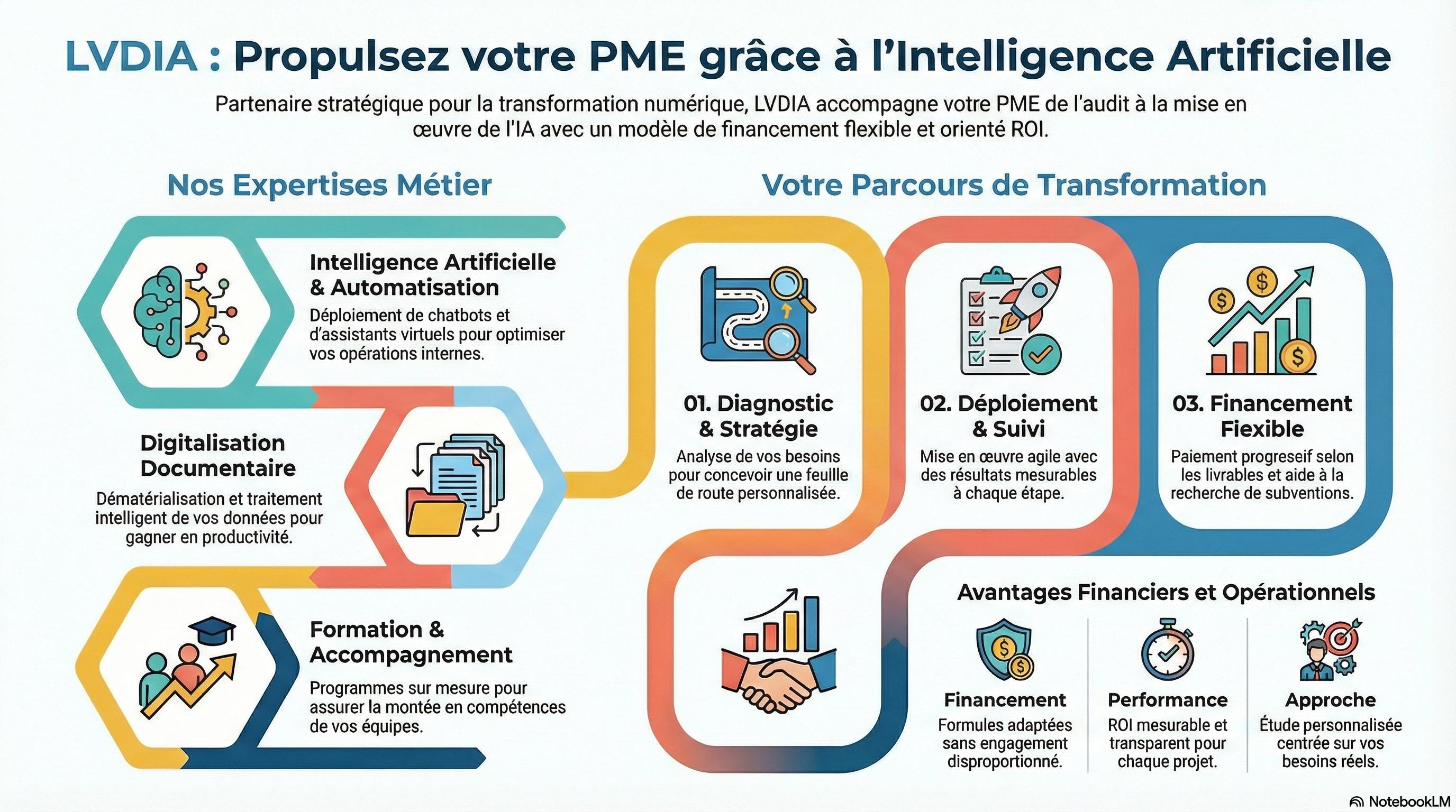 Infographie LVDIA : Propulsez votre PME avec l'Intelligence Artificielle - expertises, parcours de transformation et avantages